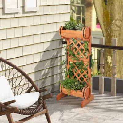 Hivvago 2-tier Wooden Raised Garden Bed With Trellis-orange In Brown