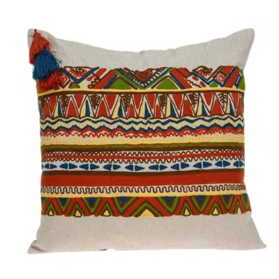Hivvago 20" Beige And Orange Striped Cotton Blend Throw Pillow With Embroidery In Multi