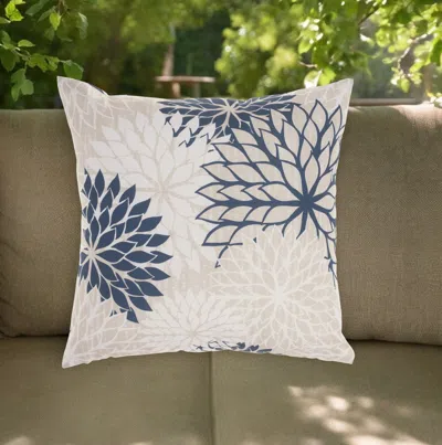 Hivvago 20" Beige Blue And Ivory Floral Indoor Outdoor Throw Pillow In White