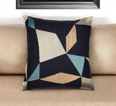 HIVVAGO 20" BLUE AND BEIGE GEOMETRIC COTTON BLEND THROW PILLOW WITH EMBROIDERY