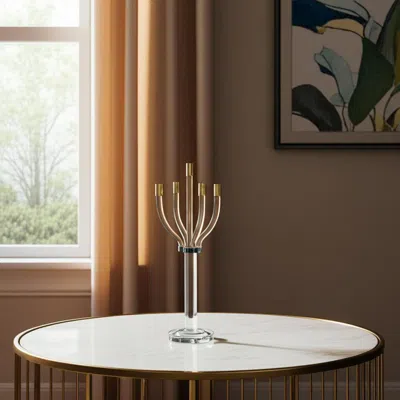 Hivvago 20" Clear Gold And Silver Crystal Tabletop Candelabra Candle Holder