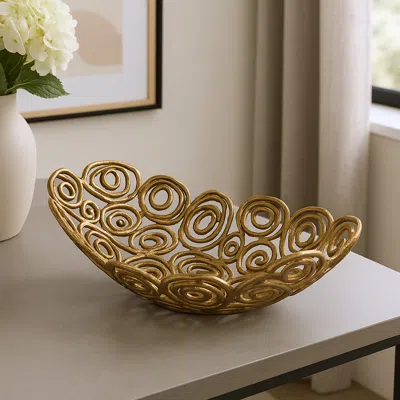 Hivvago 20" Gold Aluminum Abstract Circles Oval Decorative Bowl