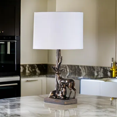 HIVVAGO 20 INCH ACCENT TABLE LAMP, DUAL ROE DEER DESIGN, WHITE DRUM SHADE, BRONZE
