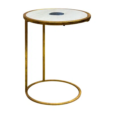 Hivvago 20 Inch Round Side End Table, White Marble Top With Blue Agate Stone Inlay, Gold Foil Finish Iron Fr
