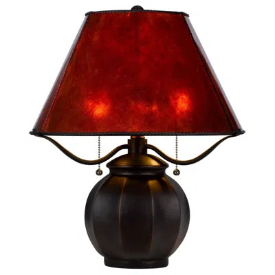 Hivvago 20 Inch Table Lamp, Vintage Red Amber Mica Shade, Upturned Arms, Round Body