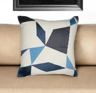 HIVVAGO 20" IVORY AND BLUE GEOMETRIC COTTON BLEND THROW PILLOW WITH EMBROIDERY