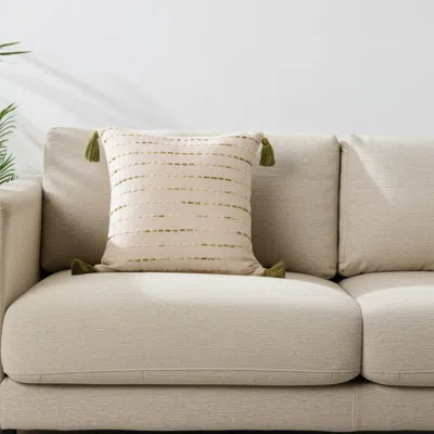 Hivvago 20" Olive Green And Ivory Cotton Striped Throw Pillow With Tassels In Neutral
