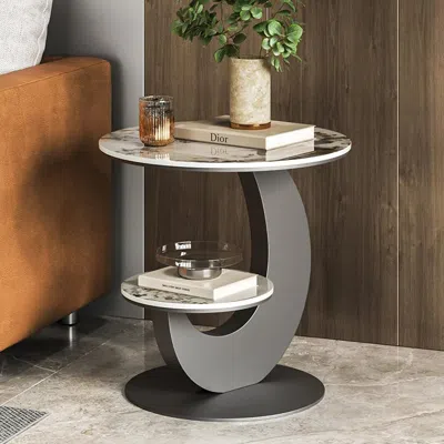Hivvago 20" Round Sintered Stone 2-tier Gold Moon-shaped Side Table In Gray