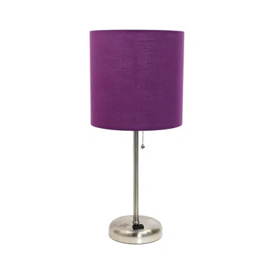 Hivvago 20" Silver Metal Table Lamp Led With Purple Drum Shade