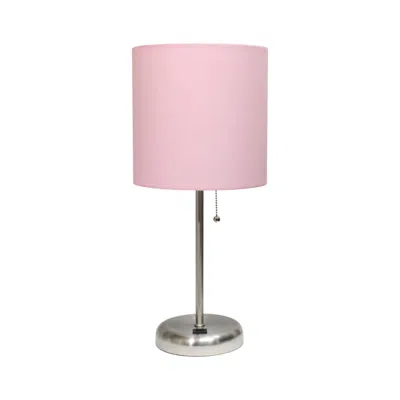 Hivvago 20" Silver Metal Usb Table Lamp Led With Light Pink Drum Shade