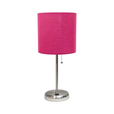 HIVVAGO 20" SILVER METAL USB TABLE LAMP LED WITH PINK DRUM SHADE