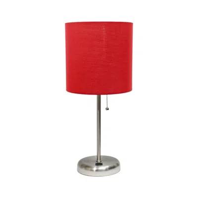 HIVVAGO 20" SILVER METAL USB TABLE LAMP LED WITH RED DRUM SHADE