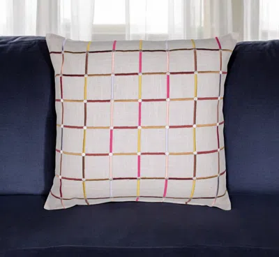 Hivvago 20" White Check Cotton Blend Throw Pillow With Embroidery In Multi