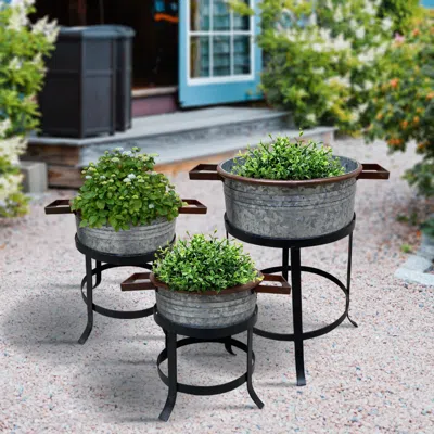 Hivvago 21, 18, And 16 Inch 3 Piece Round Tub Metal Planter Set With Stand In Galvanized Gray And Black Iron