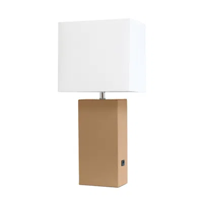 HIVVAGO 21" BEIGE FAUX LEATHER USB TABLE LAMP WITH WHITE SHADE