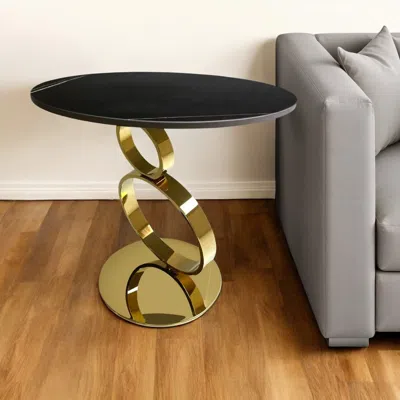 Hivvago 21" Black And Gold Stone And Stainless Steel Round Pedestal End Table