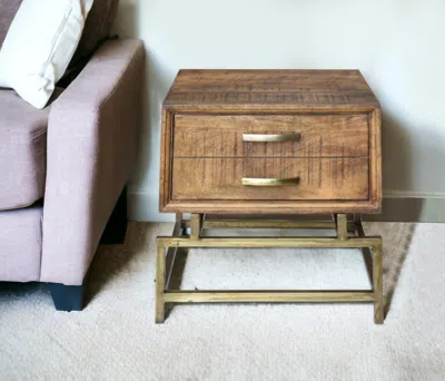 Hivvago 21" Brass And Brown Solid Wood And Iron Square End Table With Drawer