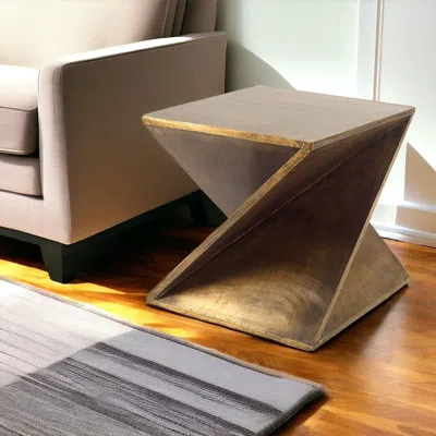 Hivvago 21" Brass Clad Distressed Wood Abstract End Table In Brown
