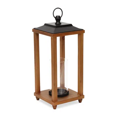 Hivvago 21" Brown And Black Geometric Metal And Solid Wood Tabletop Lantern Candle Holder