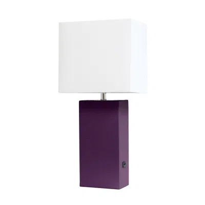 HIVVAGO 21" EGGPLANT FAUX LEATHER USB TABLE LAMP WITH WHITE SHADE