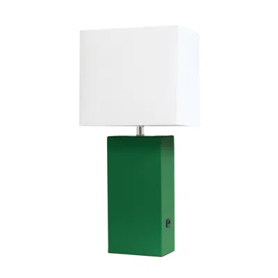 HIVVAGO 21" GREEN FAUX LEATHER USB TABLE LAMP WITH WHITE SHADE