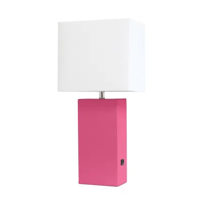 Hivvago 21" Hot Pink Faux Leather Usb Table Lamp Led With White Shade