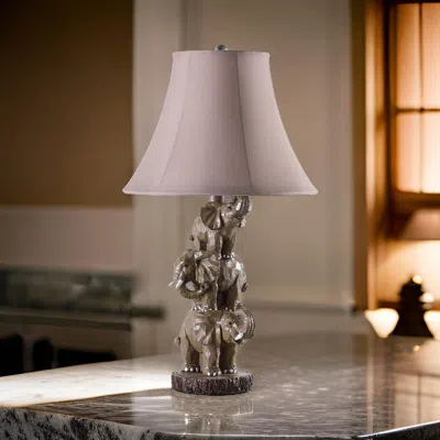 Hivvago 21 Inch Accent Table Lamp, 3 Stacked Elephants, Linen Bell Shade Brown Gray In Multi