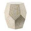 Hivvago 21 Inch Capiz Accent Stool Table, Hexagonal Drum, Angled Look, Beige White In Neutral