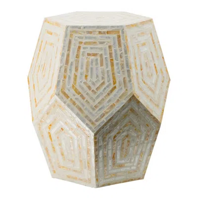 Hivvago 21 Inch Capiz Accent Stool Table, Hexagonal Drum, Angled Look, Beige White In Neutral