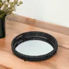 Hivvago 21" Matte Black Wood With Bead Mirrored Glass Bottom Round Tray In Black