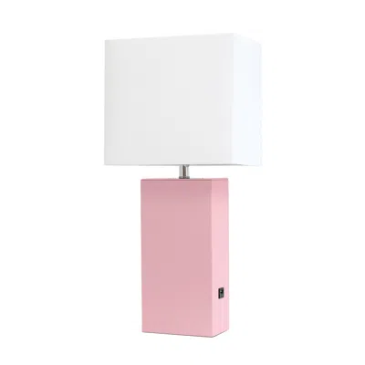 Hivvago 21" Pink Faux Leather Usb Table Lamp With White Shade