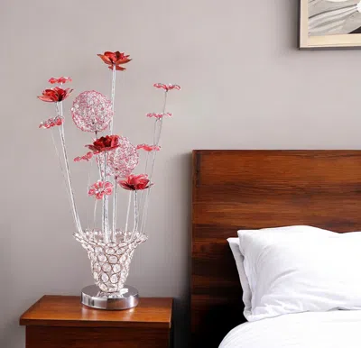 Hivvago 21" Silver And Clear Metal And Faux Crystal Red Roses Bedside Lamp In Multi