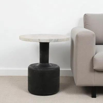 Hivvago 21" White And Black Distressed Marble And Solid Wood Round Pedestal End Table