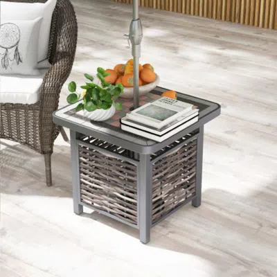 Hivvago 21.5 Inches Outdoor Pe Rattan Side Table Square End Table With Umbrella Hole In Gray