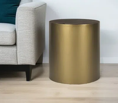 Hivvago 22" Antiqued Gold And Brown Metal And Solid Wood Drum End Table With Storage In Metallic