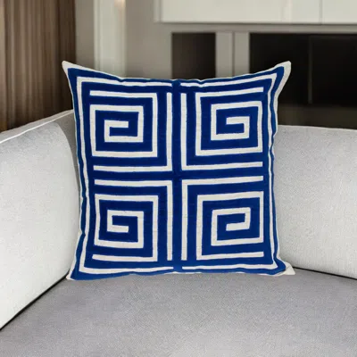 Hivvago 22" Beige And Blue Poly Cotton Blend Throw Pillow With Embroidery And Applique