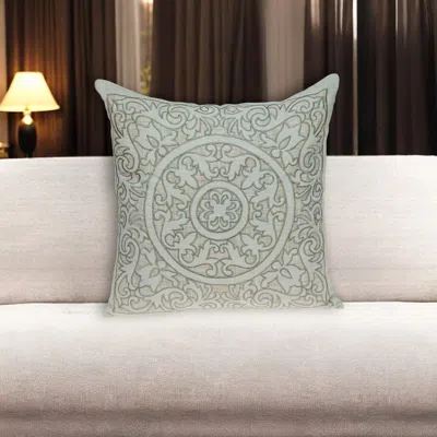 Hivvago 22" Beige And Green Damask Linen Blend Throw Pillow With Embroidery And Applique In Gray
