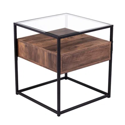 Hivvago 22" Black Glass And Iron Square End Table With Drawer With Shelf In Brown