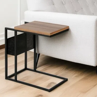 Hivvago 22" Brown And Black Wood And Steel End Table With Magazine Holder