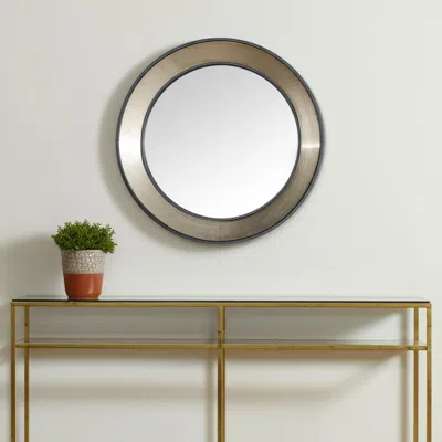 Hivvago 22" Champagne And Dark Brown Metal And Solid Wood Round Framed Accent Mirror In Metallic