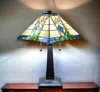 Hivvago 22" Dark Brown Metal Two Light Candlestick Table Lamp With Blue And Beige Shade In Multi