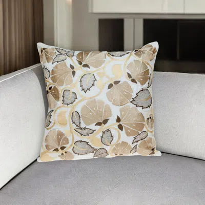Hivvago 22" Gold And White Floral Cotton Throw Pillow With Embroidery In Brown