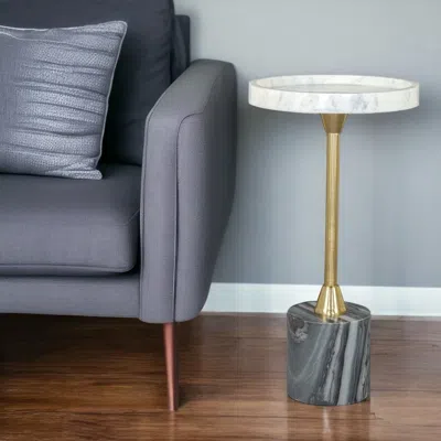 Hivvago 22" Gold Gray And White Marble And Iron Round Pedestal End Table In Multi