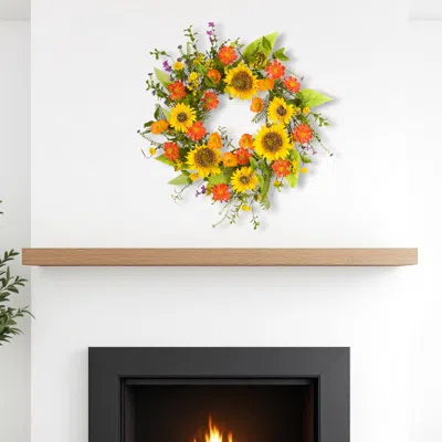 Hivvago 22" Green And Yellow Summer Sunflower Artificial Wreath In Multi