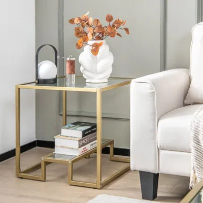 Hivvago 22 Inch 2-tier Square Sofa Side Table With Tempered Glass Tabletop-bronze In Gold