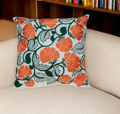 Hivvago 22" Orange And White Floral Cotton Throw Pillow With Embroidery