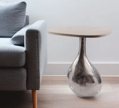 Hivvago 22" Silver And Beige Cast Aluminum And Marble Pedestal End Table In Metallic