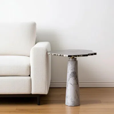 Hivvago 22" Silver And White Aluminum And Marble Pedestal End Table In Multi