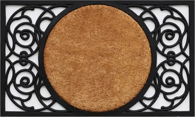 Hivvago 22" X 36" Black And Natural Geo Scrollwork Outdoor Rubber And Coir Door Mat