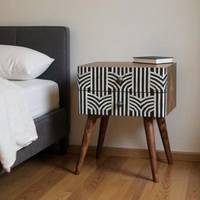 Hivvago 23" Black White And Brown Solid Wood Geometric Bone Inlay Two Drawer Nightstand